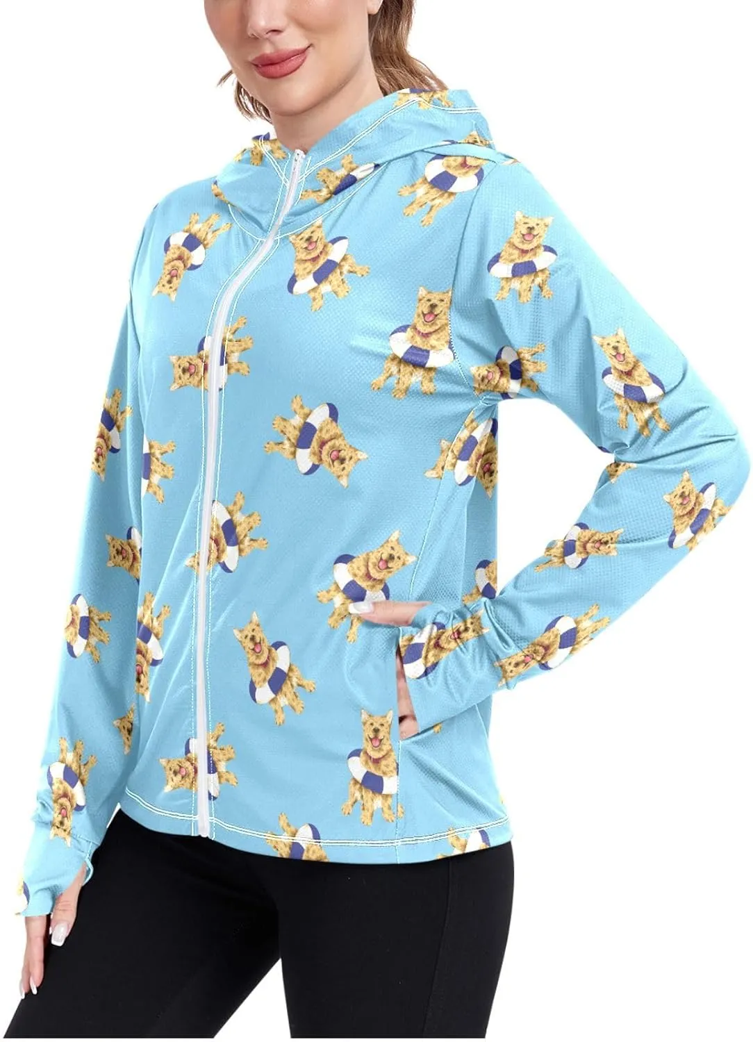 Women'S UPF 50  Uv Sun Protection Clothing Golden Retriever Dog Zipper Jacket Long-Sleeved Hoodie