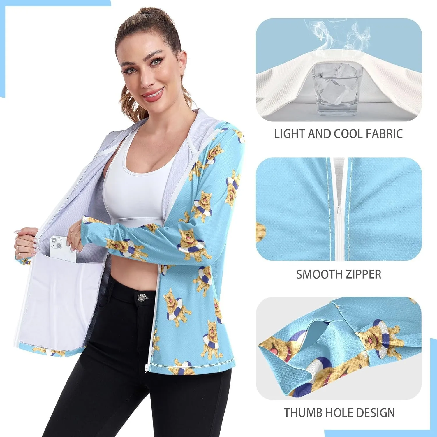 Women'S UPF 50  Uv Sun Protection Clothing Golden Retriever Dog Zipper Jacket Long-Sleeved Hoodie