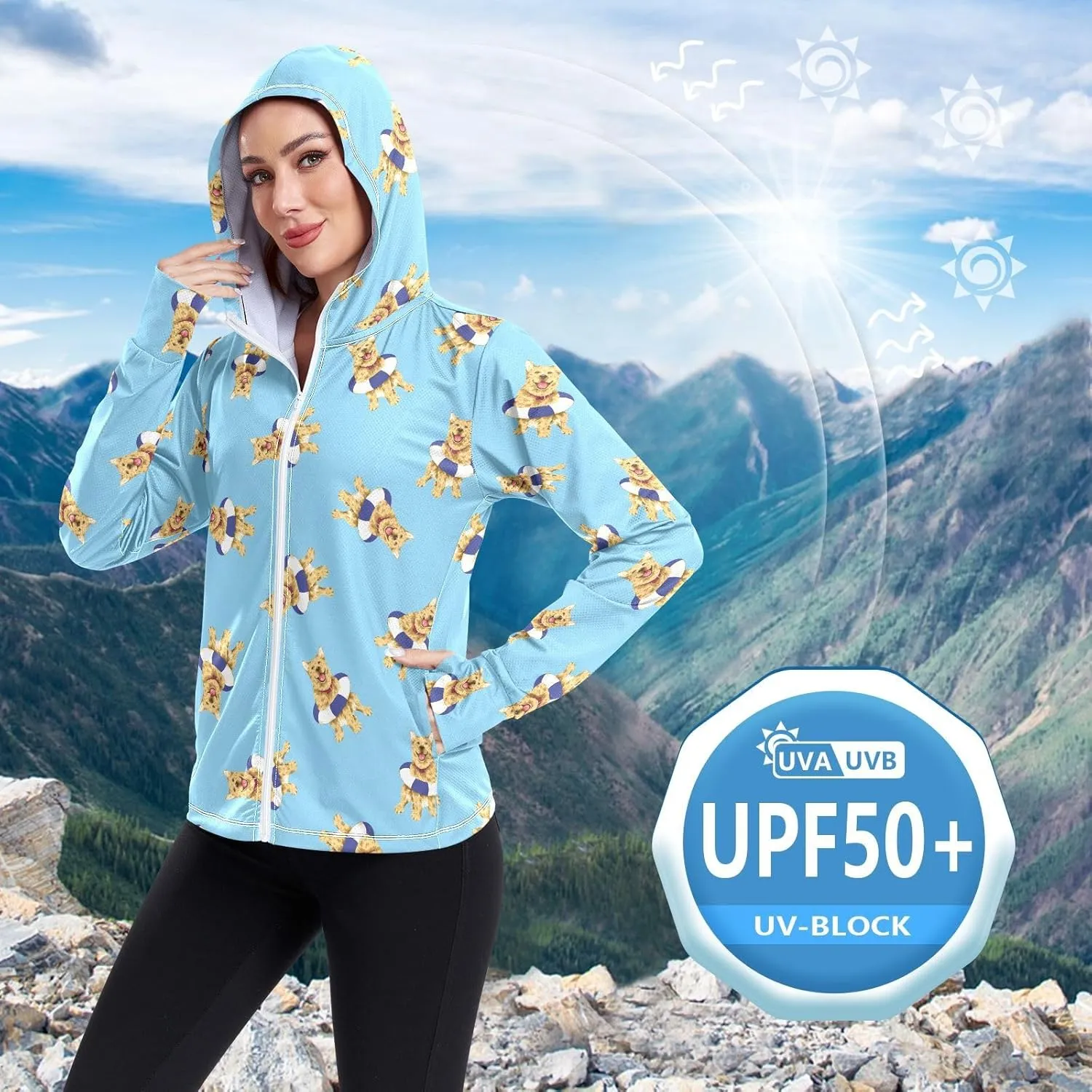 Women'S UPF 50  Uv Sun Protection Clothing Golden Retriever Dog Zipper Jacket Long-Sleeved Hoodie
