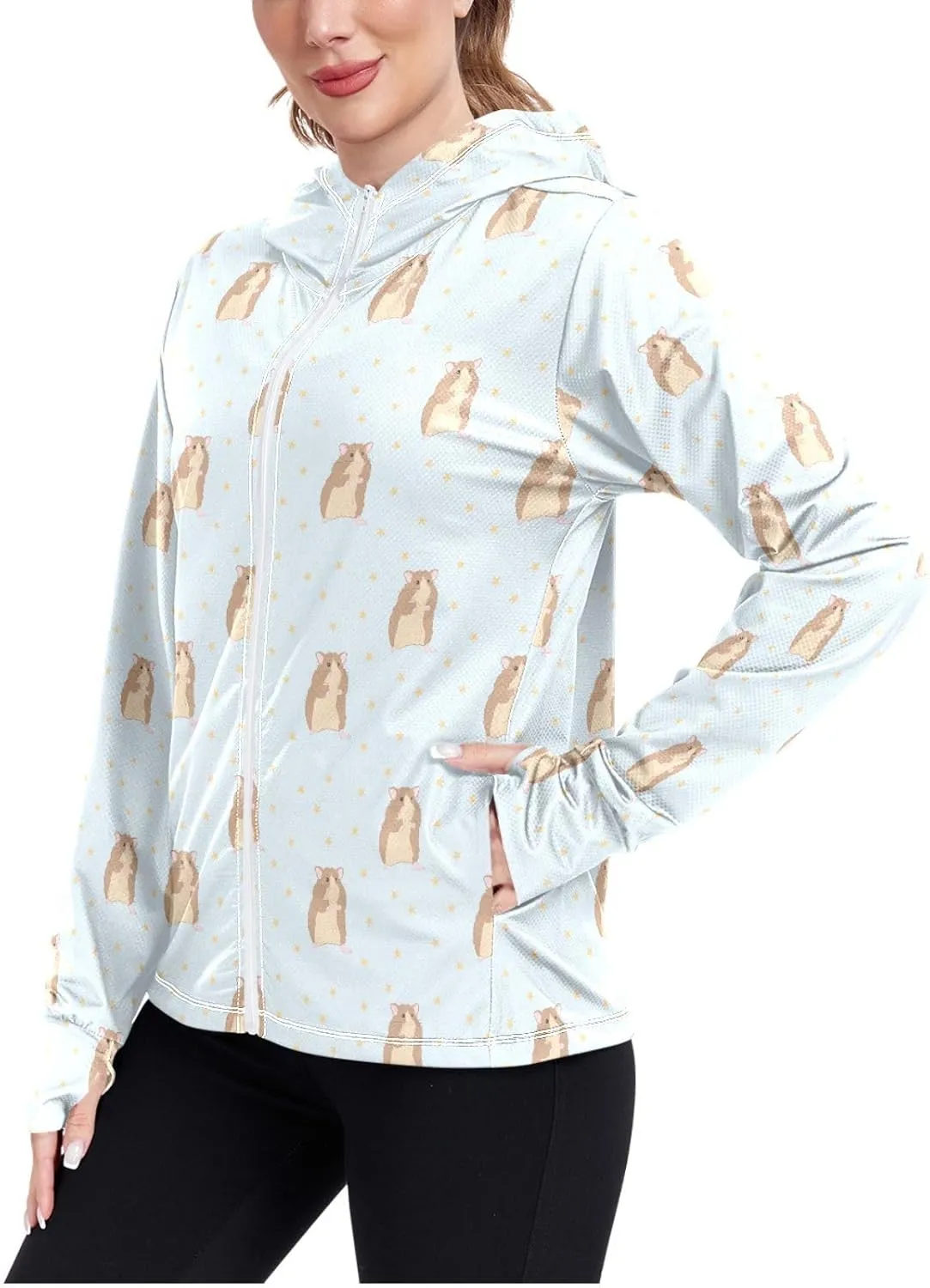 Women'S UPF 50  Uv Sun Protection Clothing Hamsters Star Zipper Jacket Long-Sleeved Hoodie