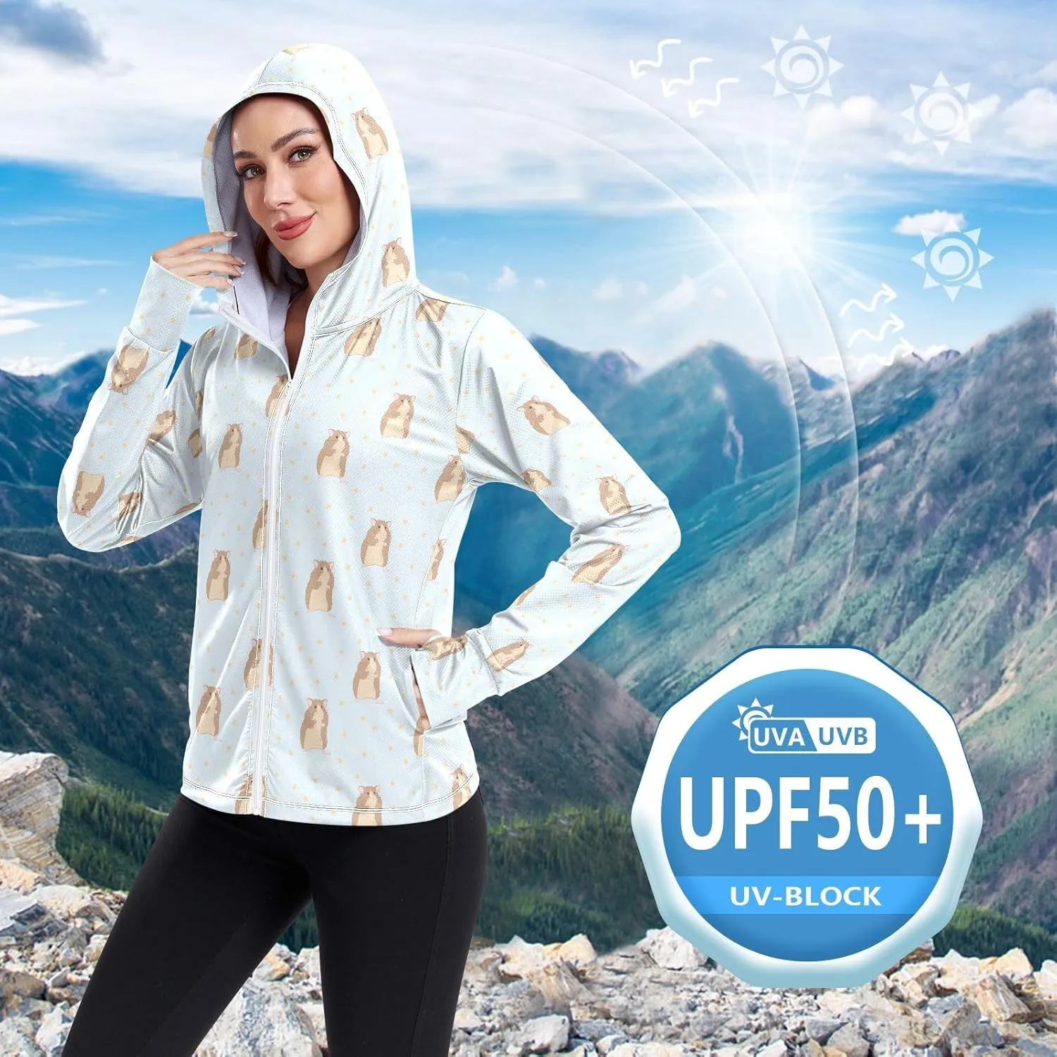 Women'S UPF 50  Uv Sun Protection Clothing Hamsters Star Zipper Jacket Long-Sleeved Hoodie