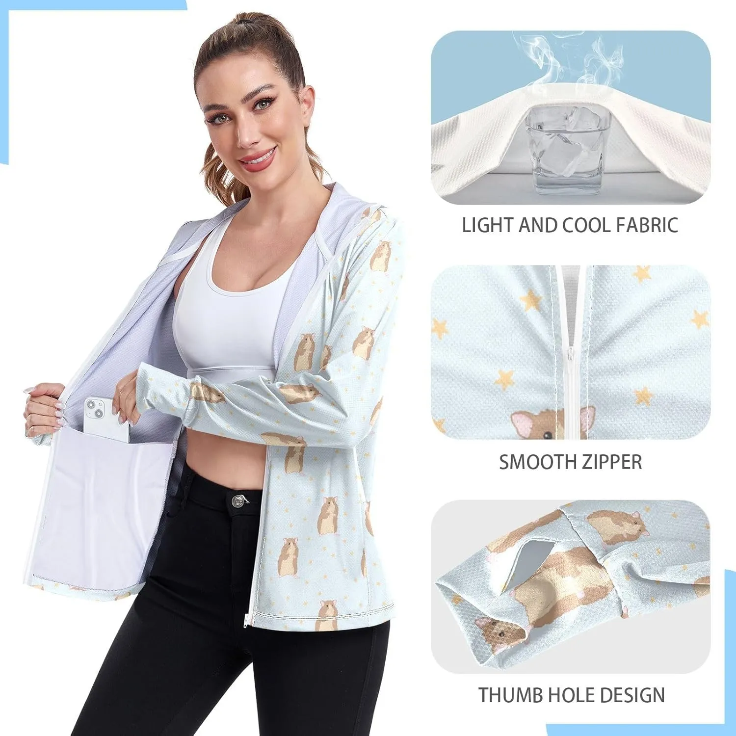Women'S UPF 50  Uv Sun Protection Clothing Hamsters Star Zipper Jacket Long-Sleeved Hoodie