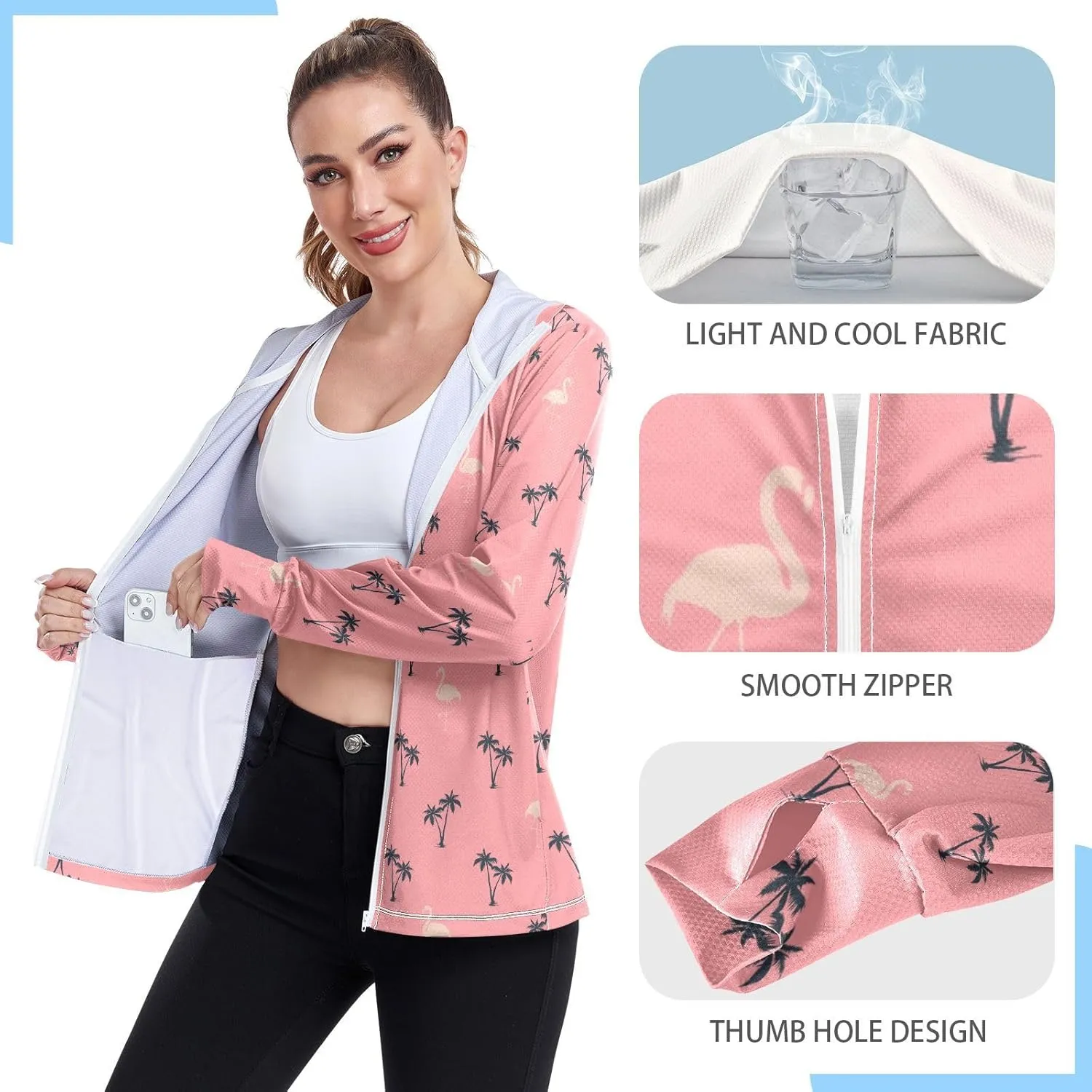 Women'S UPF 50  Uv Sun Protection Clothing Palm Trees Flamingo Zipper Jacket Long-Sleeved Hoodie