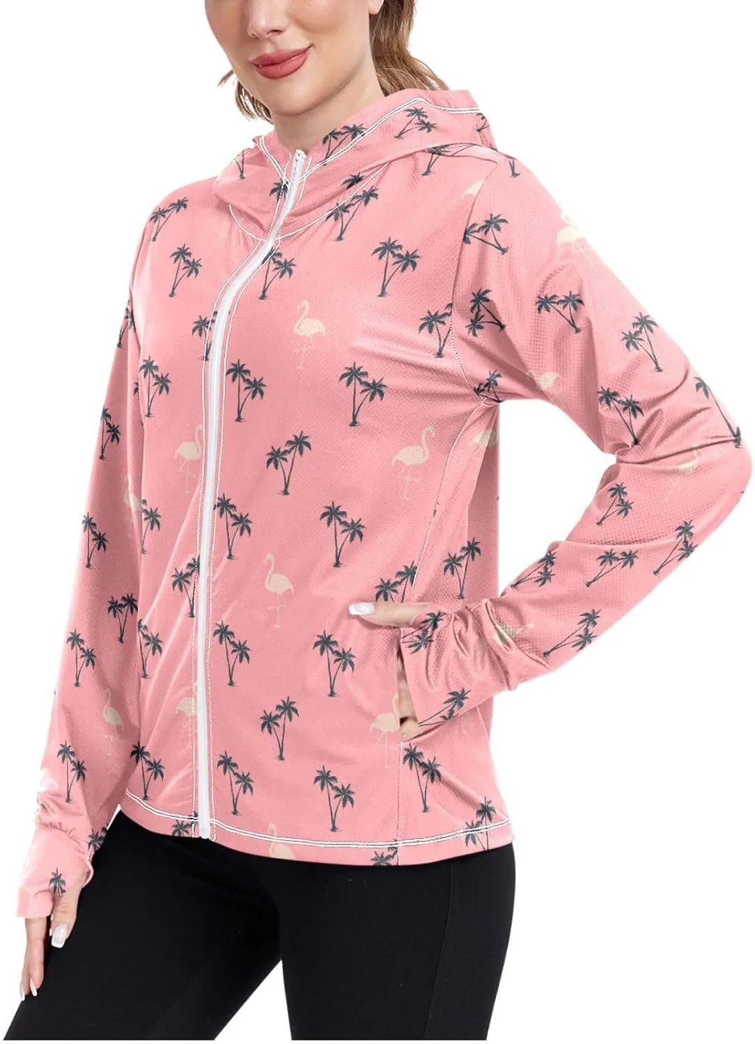 Women'S UPF 50  Uv Sun Protection Clothing Palm Trees Flamingo Zipper Jacket Long-Sleeved Hoodie