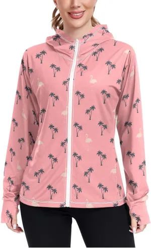 Women'S UPF 50  Uv Sun Protection Clothing Palm Trees Flamingo Zipper Jacket Long-Sleeved Hoodie