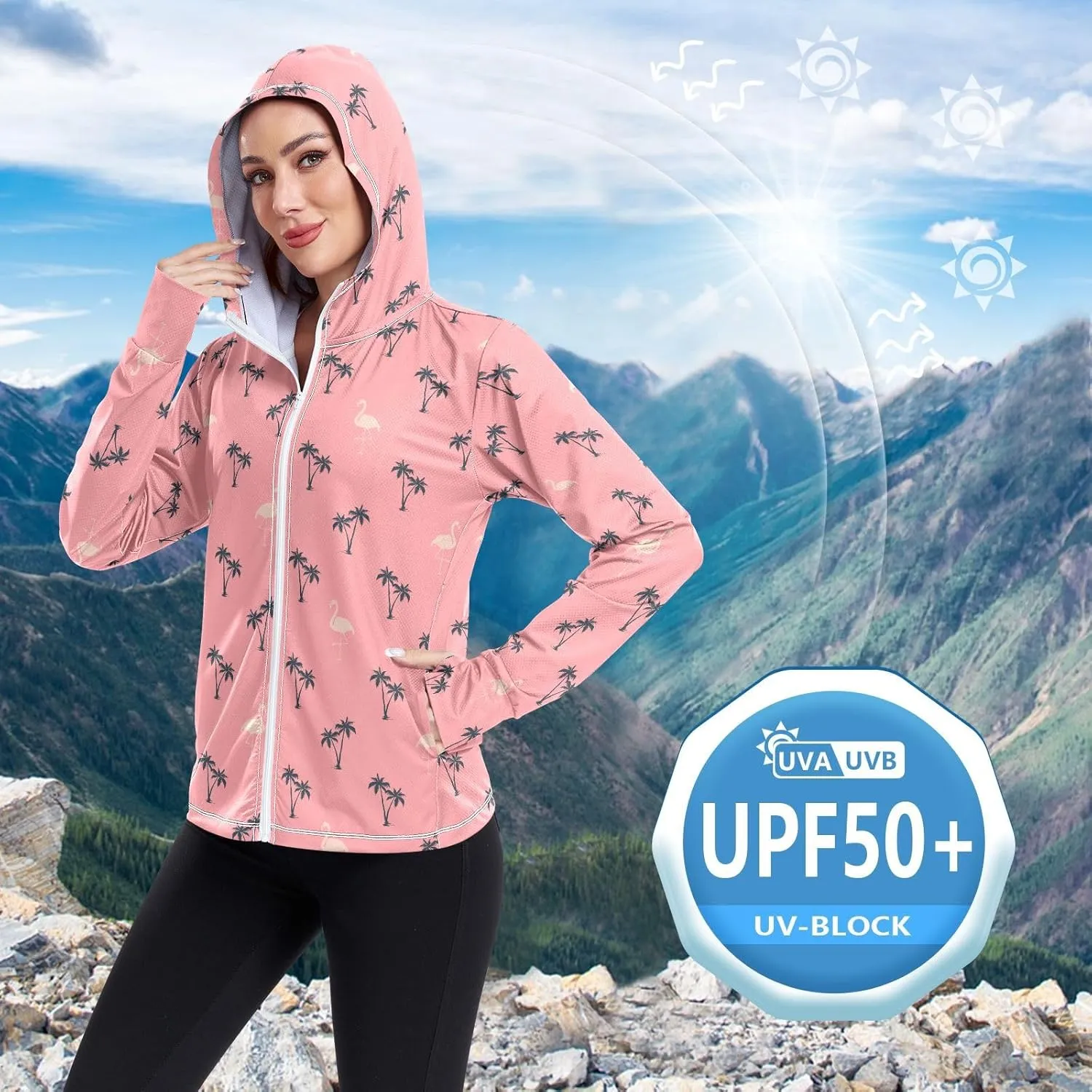 Women'S UPF 50  Uv Sun Protection Clothing Palm Trees Flamingo Zipper Jacket Long-Sleeved Hoodie