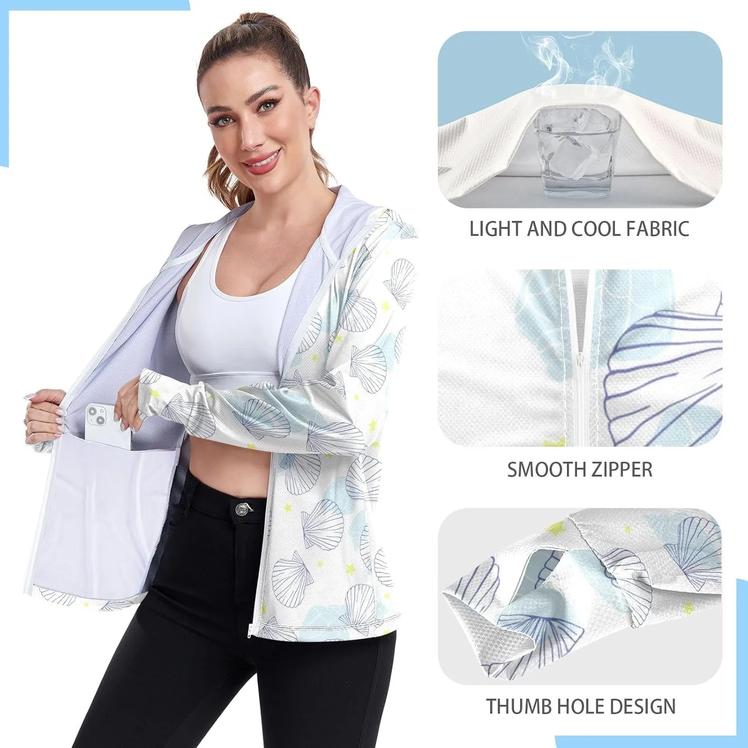 Women'S UPF 50  Uv Sun Protection Clothing Scallop Star Zipper Jacket Long-Sleeved Hoodie