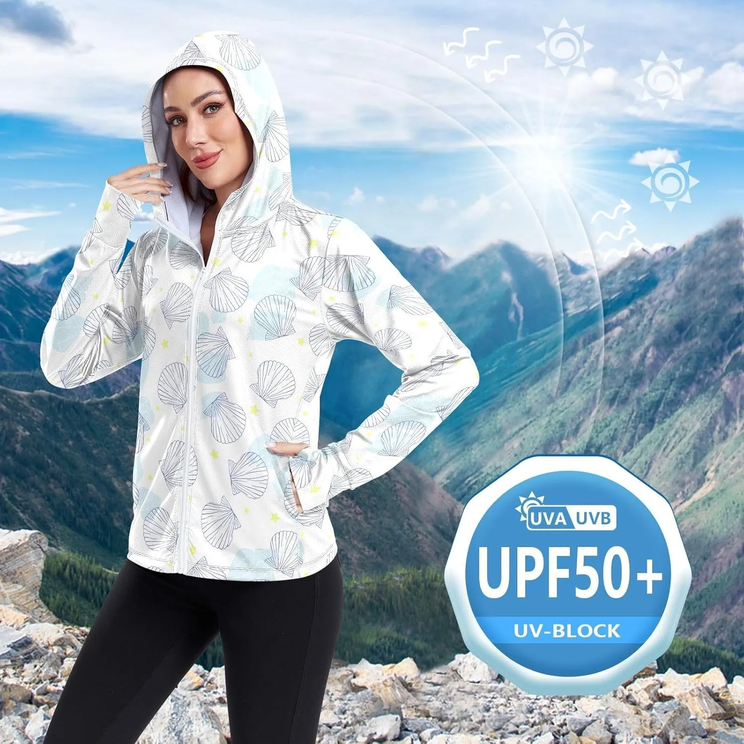 Women'S UPF 50  Uv Sun Protection Clothing Scallop Star Zipper Jacket Long-Sleeved Hoodie