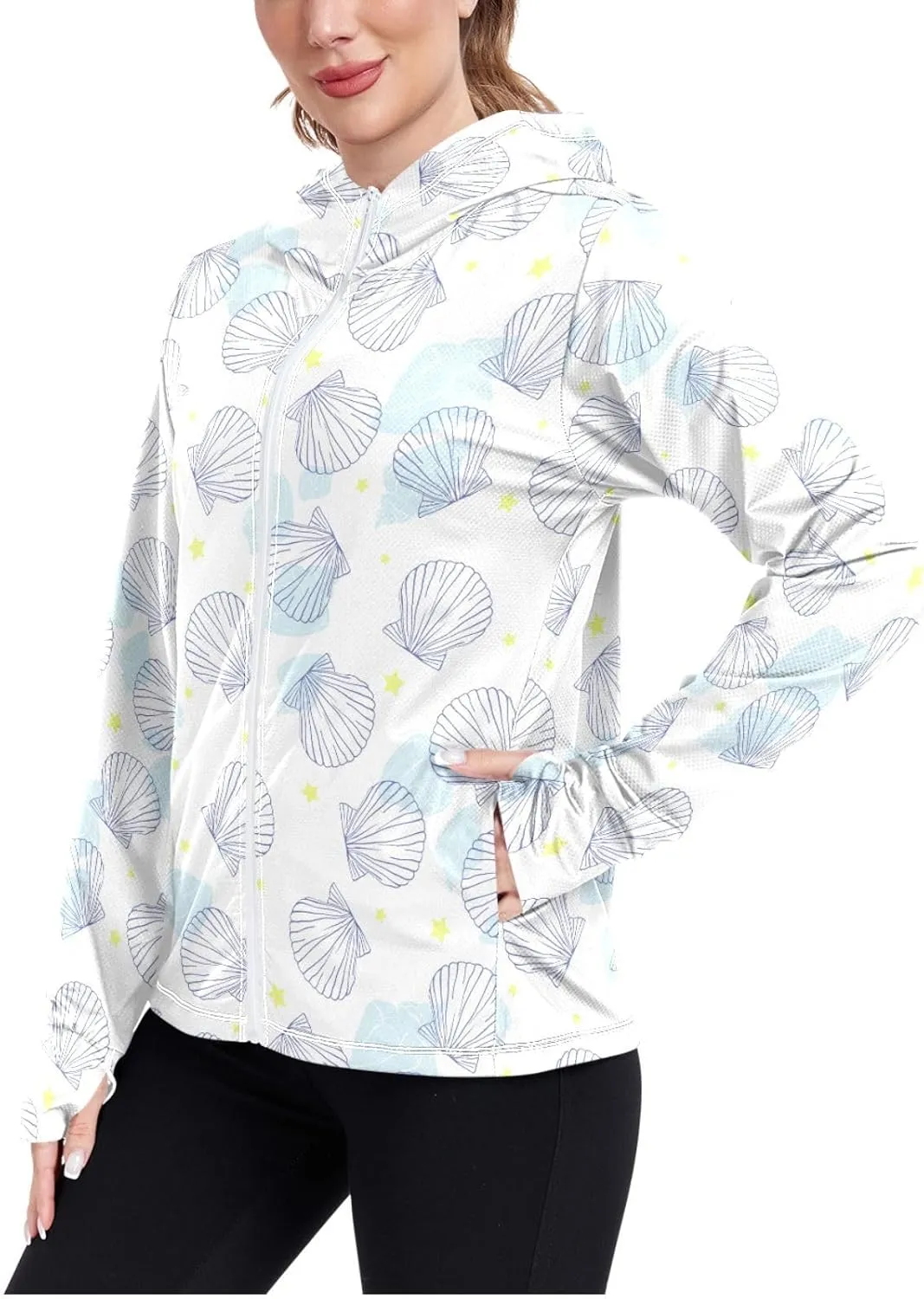 Women'S UPF 50  Uv Sun Protection Clothing Scallop Star Zipper Jacket Long-Sleeved Hoodie