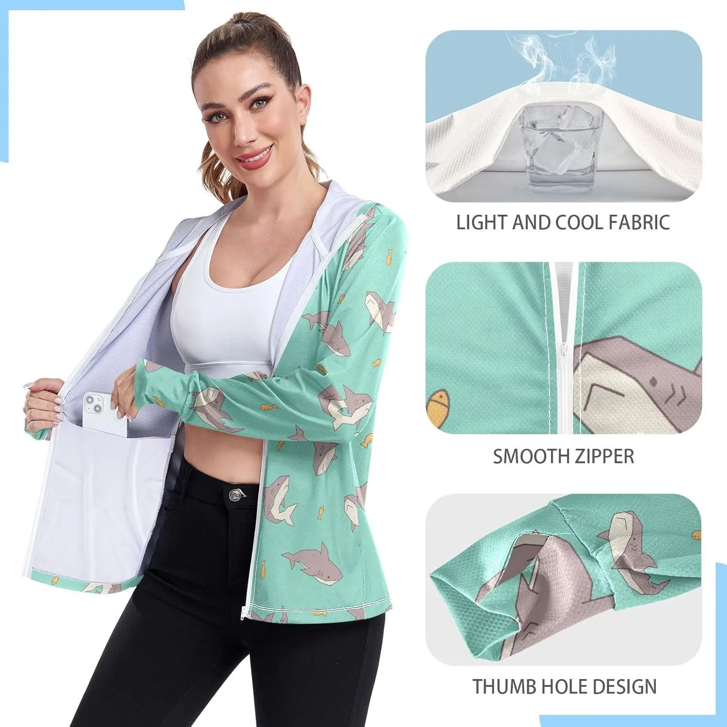 Women'S UPF 50  Uv Sun Protection Clothing Sharks Zipper Jacket Long-Sleeved Hoodie