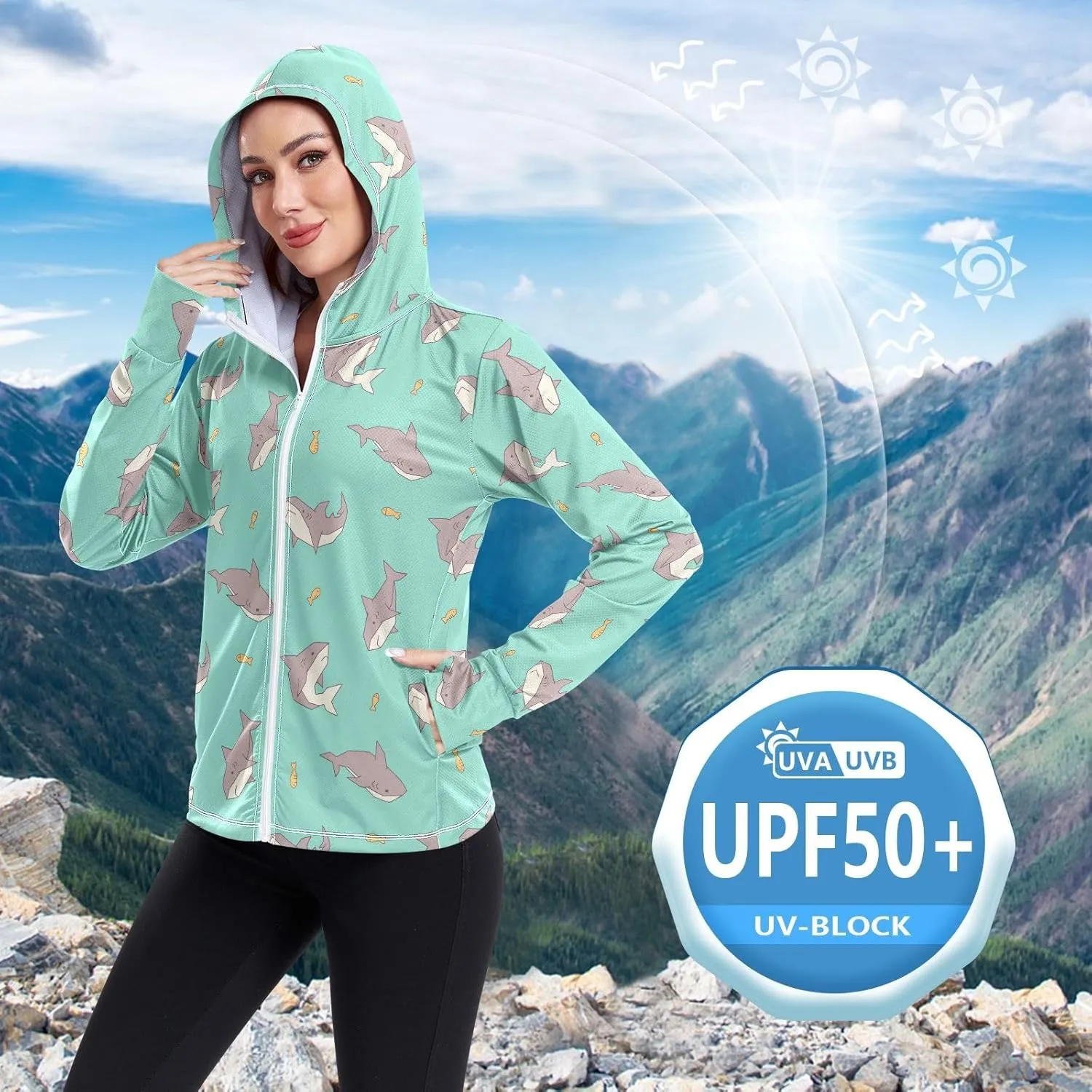 Women'S UPF 50  Uv Sun Protection Clothing Sharks Zipper Jacket Long-Sleeved Hoodie