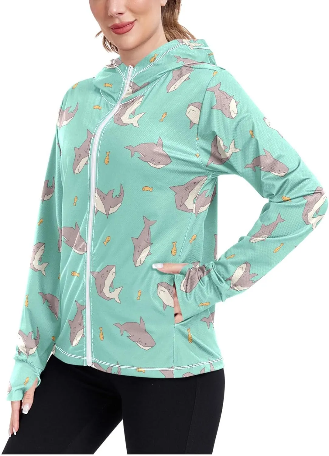 Women'S UPF 50  Uv Sun Protection Clothing Sharks Zipper Jacket Long-Sleeved Hoodie