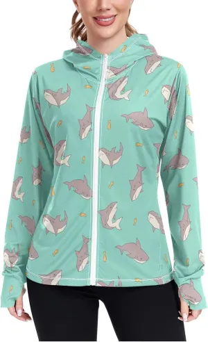 Women'S UPF 50  Uv Sun Protection Clothing Sharks Zipper Jacket Long-Sleeved Hoodie