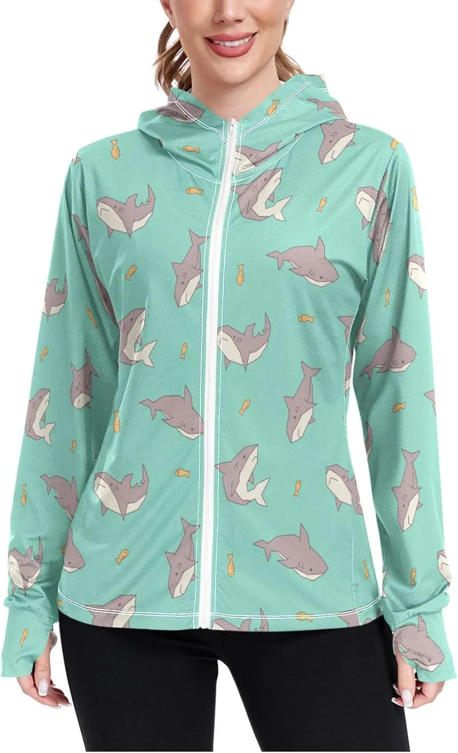 Women'S UPF 50  Uv Sun Protection Clothing Sharks Zipper Jacket Long-Sleeved Hoodie