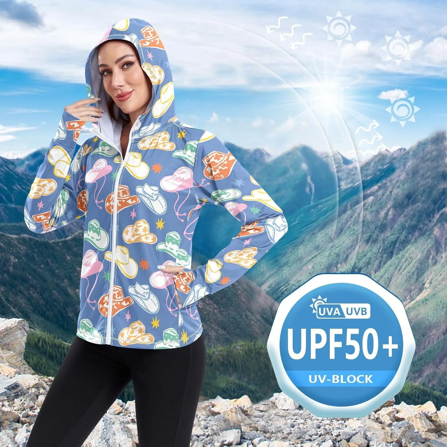 Women'S UPF 50  Uv Sun Protection Clothing Western Cowboy Hat Zipper Jacket Long-Sleeved Hoodie