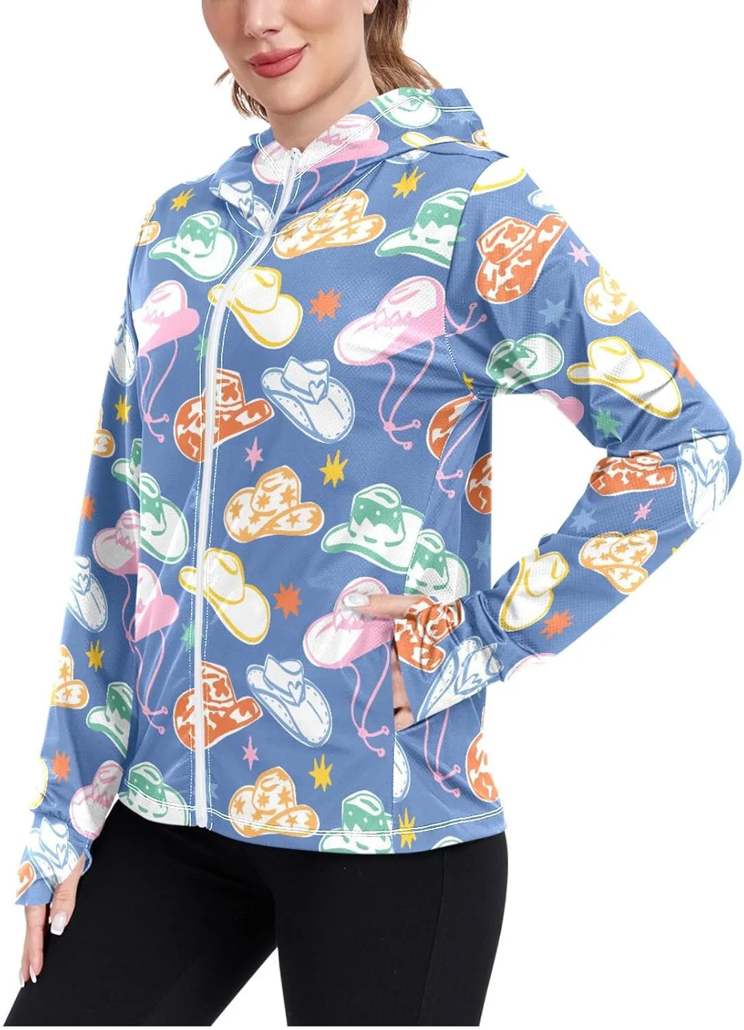 Women'S UPF 50  Uv Sun Protection Clothing Western Cowboy Hat Zipper Jacket Long-Sleeved Hoodie