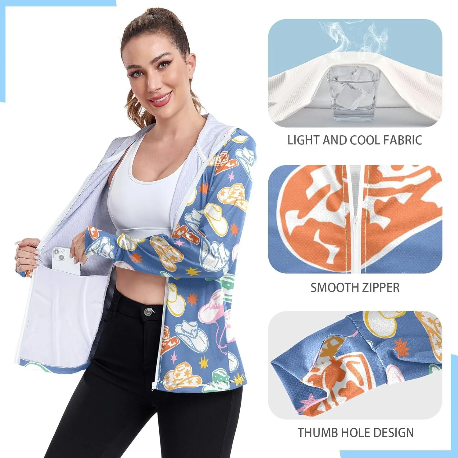 Women'S UPF 50  Uv Sun Protection Clothing Western Cowboy Hat Zipper Jacket Long-Sleeved Hoodie