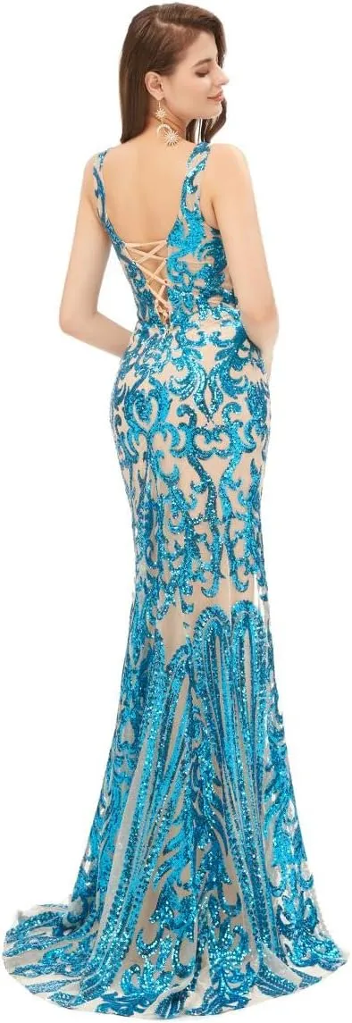 Women's V-Neck Sequins Mermaid Prom Evening Party Dress Sleeveless Lace-up Celebrity Pageant Gown