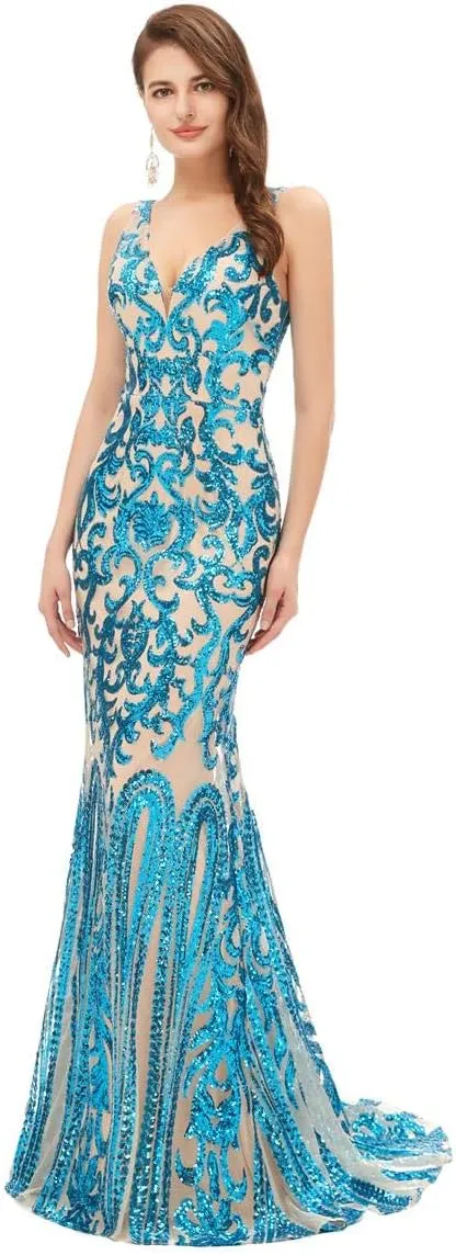 Women's V-Neck Sequins Mermaid Prom Evening Party Dress Sleeveless Lace-up Celebrity Pageant Gown