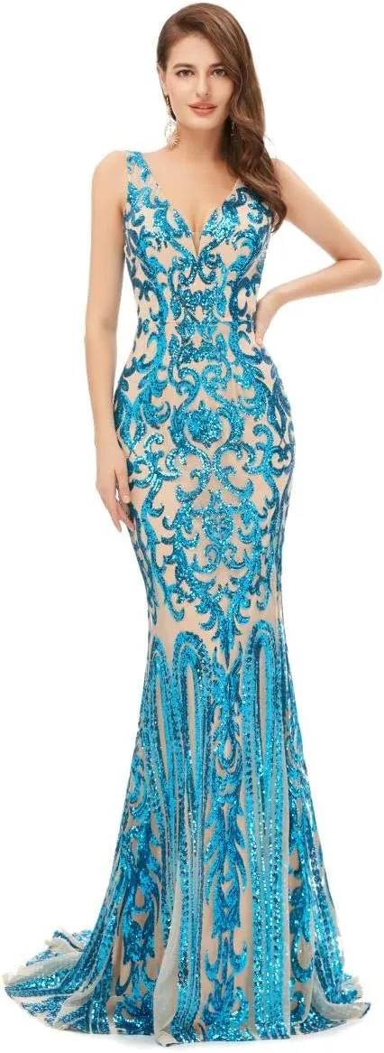 Women's V-Neck Sequins Mermaid Prom Evening Party Dress Sleeveless Lace-up Celebrity Pageant Gown