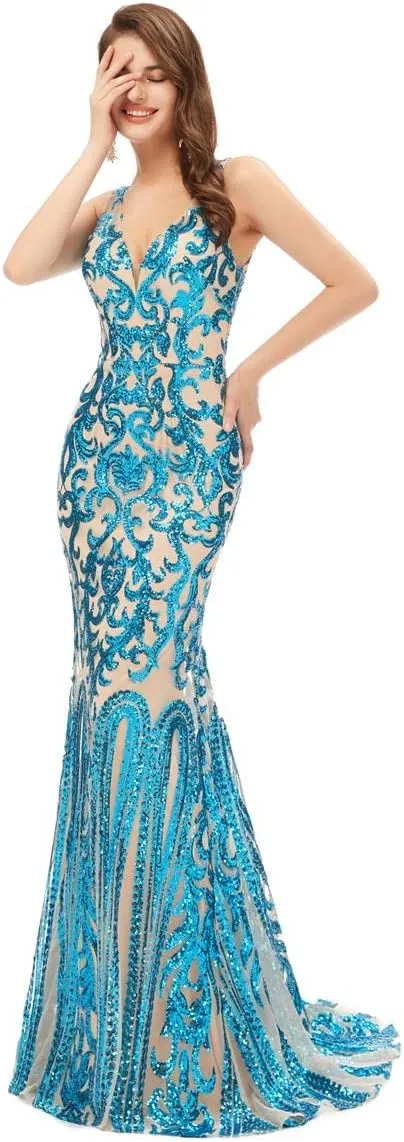 Women's V-Neck Sequins Mermaid Prom Evening Party Dress Sleeveless Lace-up Celebrity Pageant Gown