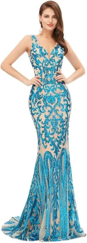 Women's V-Neck Sequins Mermaid Prom Evening Party Dress Sleeveless Lace-up Celebrity Pageant Gown
