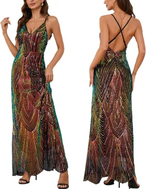 Women's V Neck Spaghetti Straps Sequin Sparkly Glitter Irregular Hem Prom Dress Bcakless Maxi Evening Gowns