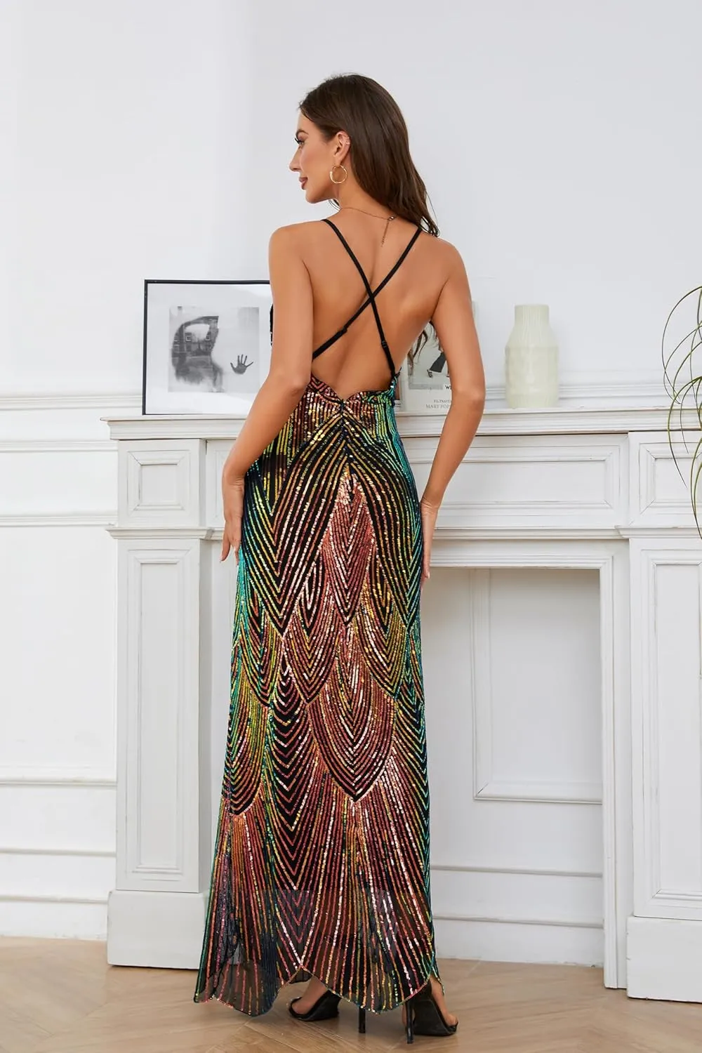 Women's V Neck Spaghetti Straps Sequin Sparkly Glitter Irregular Hem Prom Dress Bcakless Maxi Evening Gowns