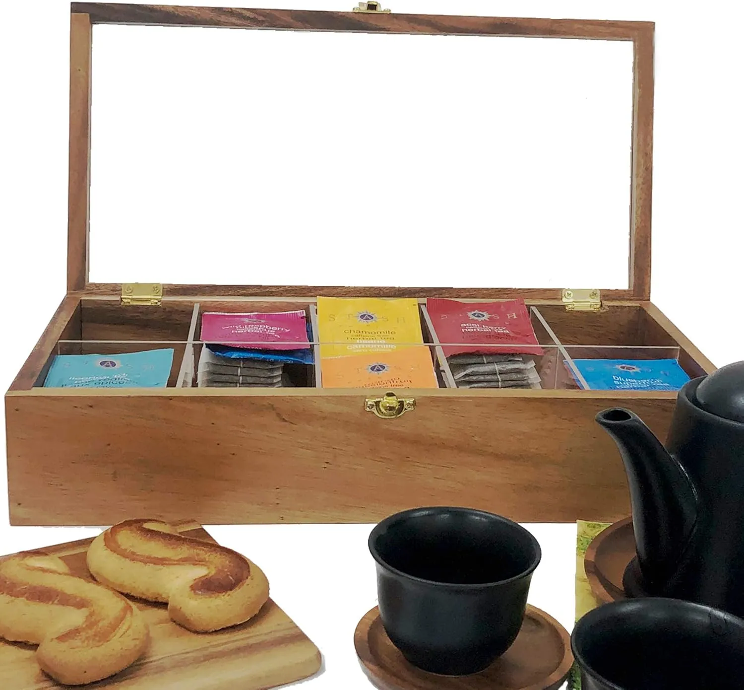 Woodard & Charles Acacia Wood Compartment Tea Box with Window, Storage and Organizer… (10 Compartment Tea Box)