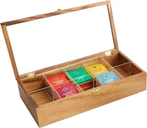 Woodard & Charles Acacia Wood Compartment Tea Box with Window, Storage and Organizer… (10 Compartment Tea Box)