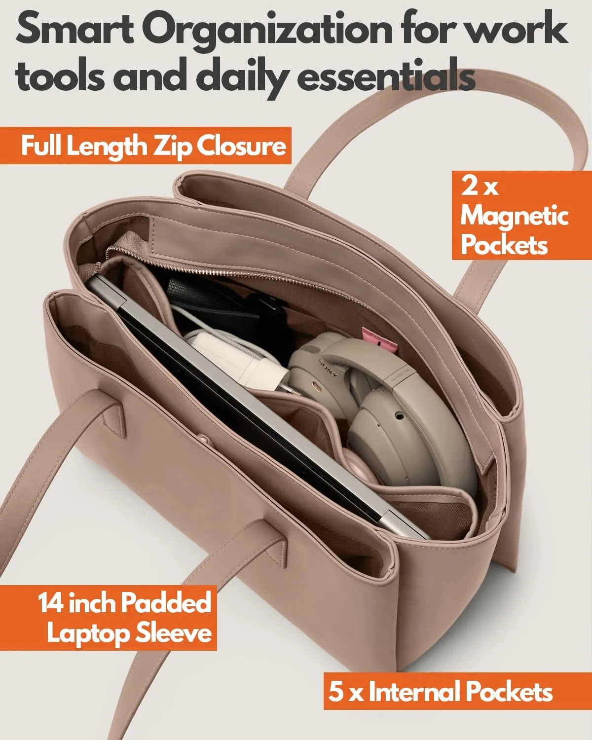 Work Tote Bags for Women 14Inch - Laptop Tote Bag with Zip Compartments - Large PU Leather Professional Office Purse