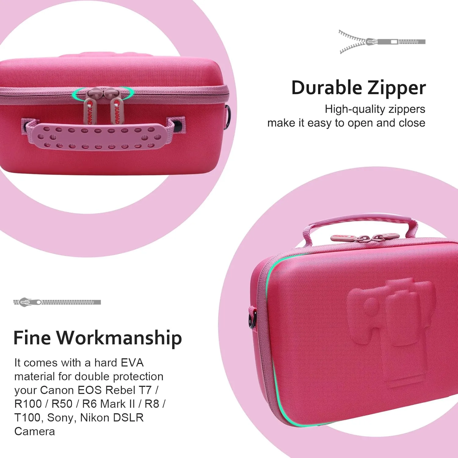 XANAD Camera Case Compatible with Canon EOS Rebel T7 / R100 / R50 / R6 Mark II / R8 / T100, Sony, Nikon DSLR Camera, Lens, Tripod, with 4 Pieces of Dividers and Shoulder Strap(Pink)