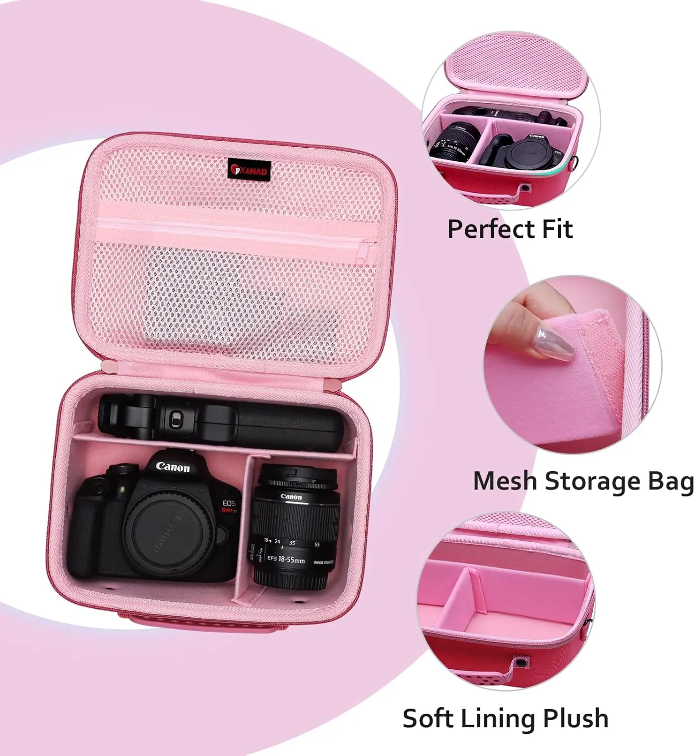 XANAD Camera Case Compatible with Canon EOS Rebel T7 / R100 / R50 / R6 Mark II / R8 / T100, Sony, Nikon DSLR Camera, Lens, Tripod, with 4 Pieces of Dividers and Shoulder Strap(Pink)