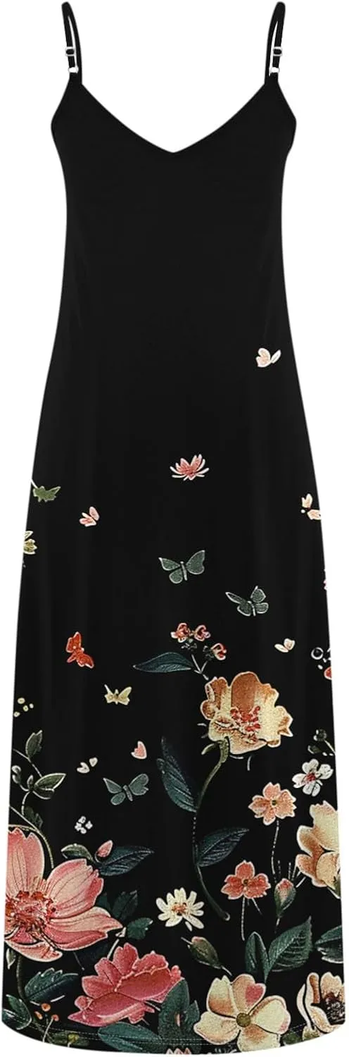 XUNRYAN 2025 Summer Dresses for Women Vacation Floral Dress Spaghetti Strap V-Neck Maxi Dress Casual Sundress Beach Outfit