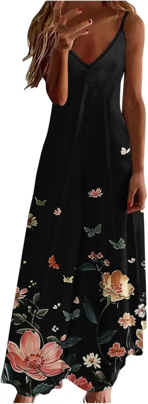 XUNRYAN 2025 Summer Dresses for Women Vacation Floral Dress Spaghetti Strap V-Neck Maxi Dress Casual Sundress Beach Outfit