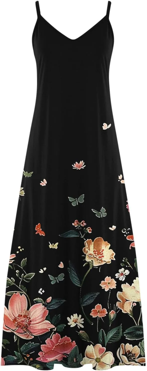 XUNRYAN 2025 Summer Dresses for Women Vacation Floral Dress Spaghetti Strap V-Neck Maxi Dress Casual Sundress Beach Outfit