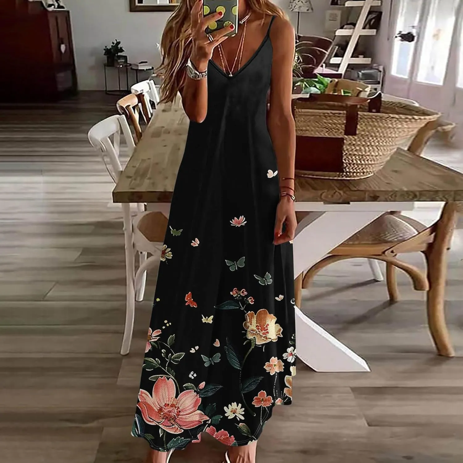 XUNRYAN 2025 Summer Dresses for Women Vacation Floral Dress Spaghetti Strap V-Neck Maxi Dress Casual Sundress Beach Outfit