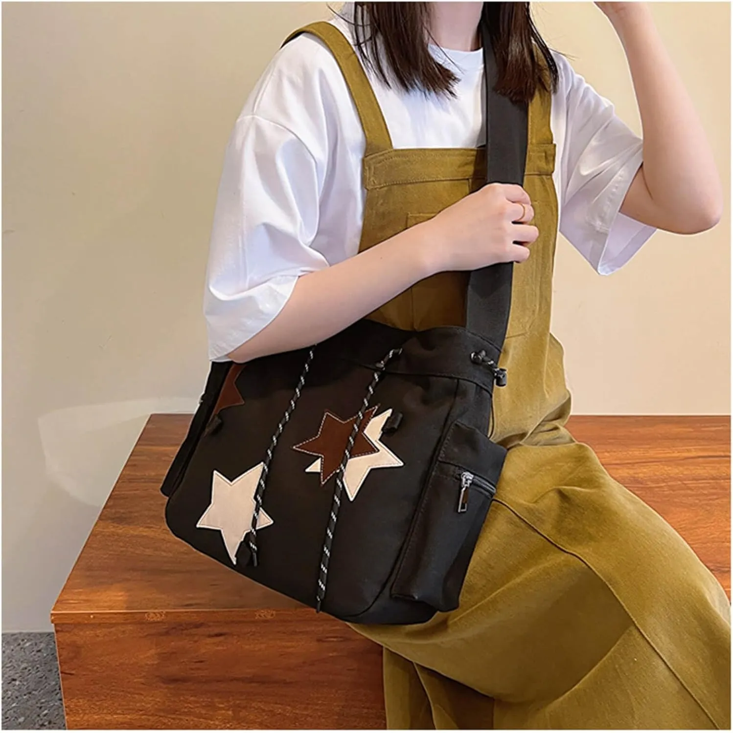 Y2K Star Canvas Messenger Bag, Cute Tote Bags Aesthetic, Small Shoulder Travel Crossbody Bags For Women