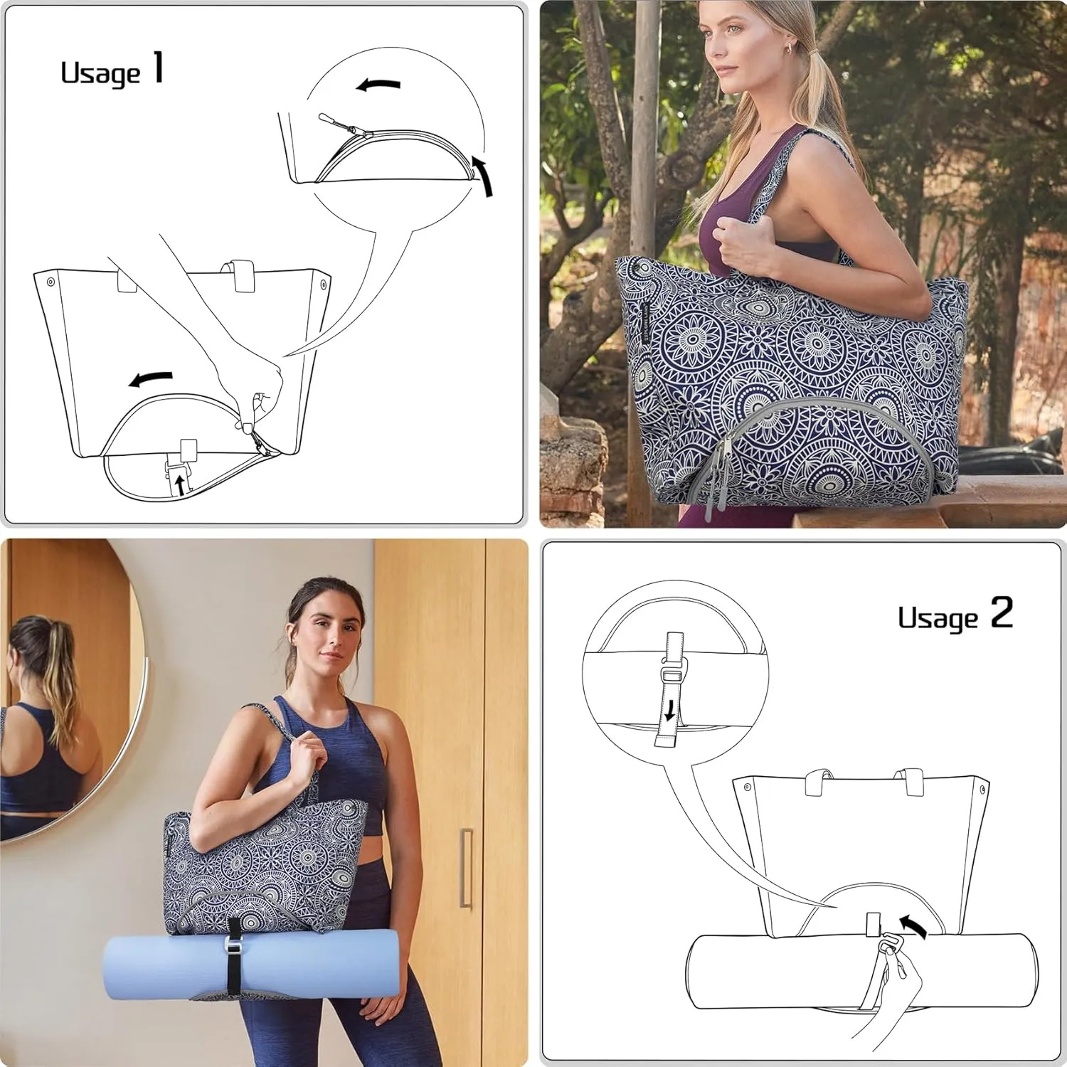 Yoga Bags for Women with Large Pocket Pilates Tote Bag for Gym Beach Workout - Fits Water Bottles and All Size Mats