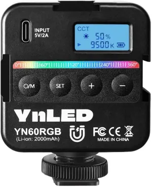 YONGNUO YN60RGB 6W Video Lights, LED Camera Light 360° Full Color Portable Photography Lighting with Cold Shoe, 2000mAh Rechargeable CRI 95  2500-9500K Dimmable Panel Lamp Support Magnetic Attraction