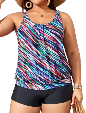 Yonique Plus Size Tankini Swimsuits for Women Blouson Tankini Tops with Swim Shorts Two Piece Bathing Suits