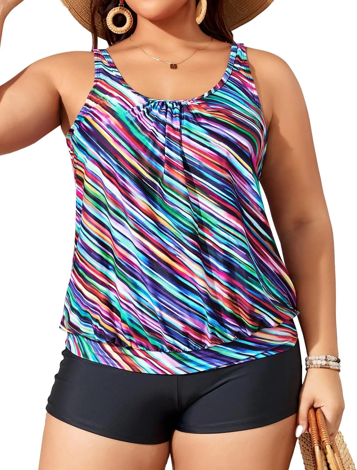 Yonique Plus Size Tankini Swimsuits for Women Blouson Tankini Tops with Swim Shorts Two Piece Bathing Suits