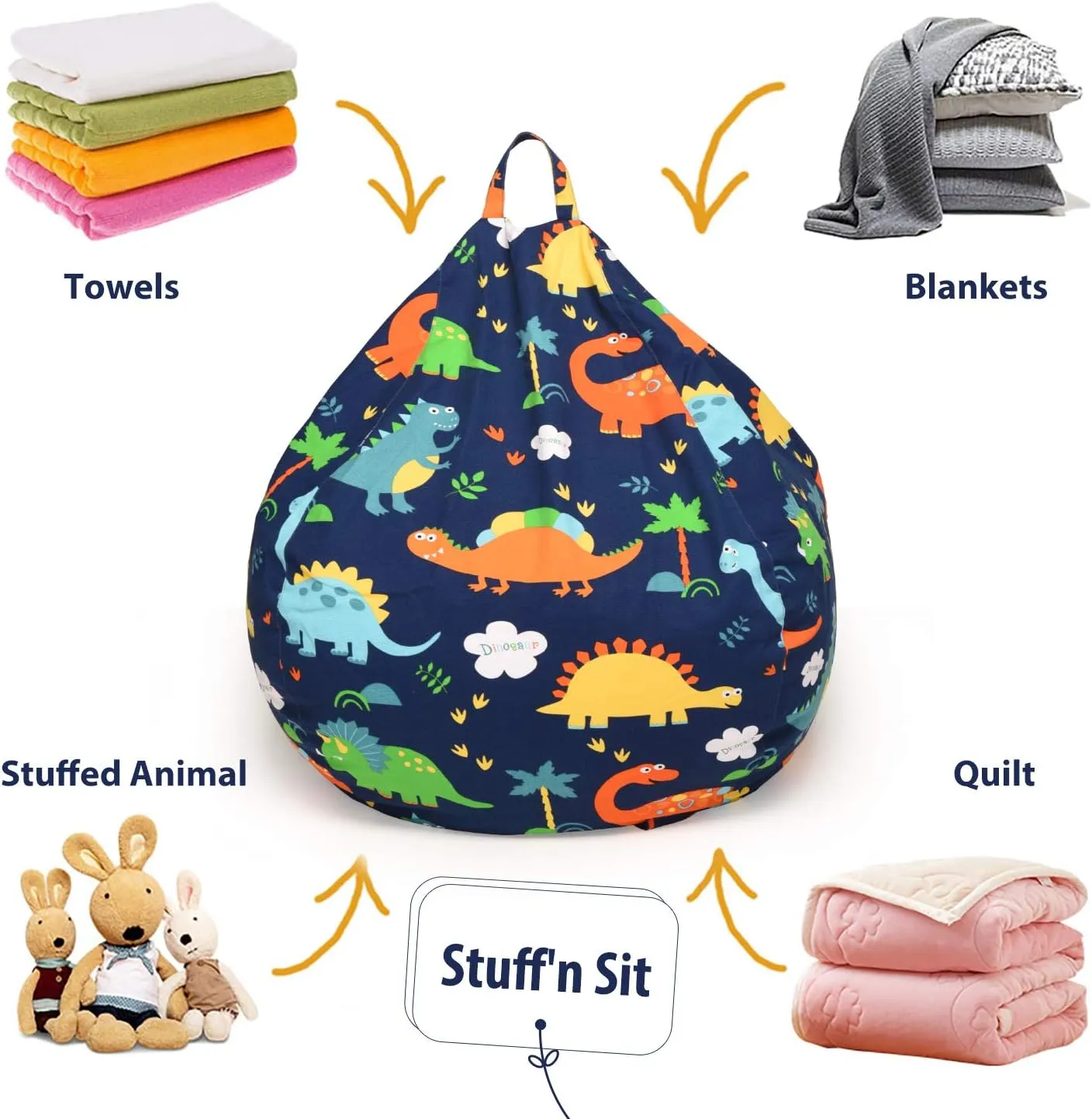 YuppieLife Kids Storage Bean Bag Cover（No Filling）Toy Organizer|Carrying Handle Sofa|Available for Kids and Teenager|Cuddle Chair|Machine Washable and Durable（38“,Dinosaur）