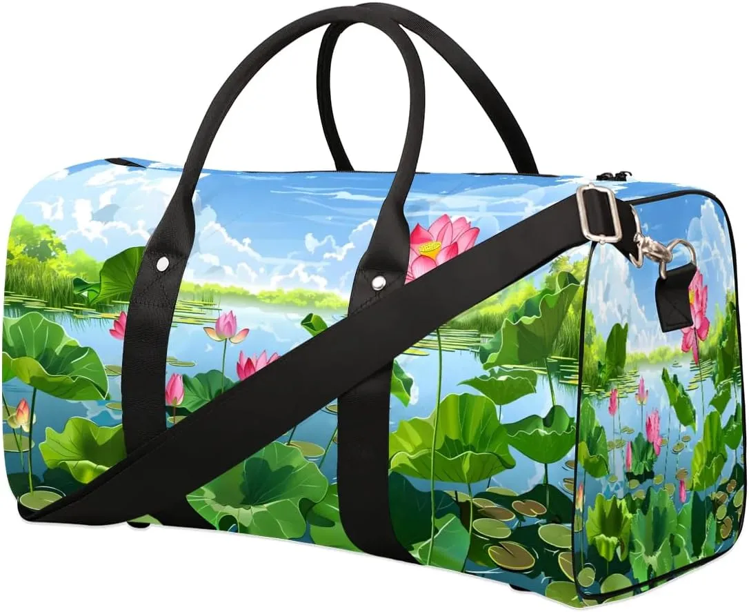 Yzrwebo Lotus Flower Travel Duffle Bag for Men Women Summer Pond Overnight Weekender Bag Foldable Travel Duffel Bag Large Sports Gym Bag Waterproof Luggage Tote Bag Tear Resistant