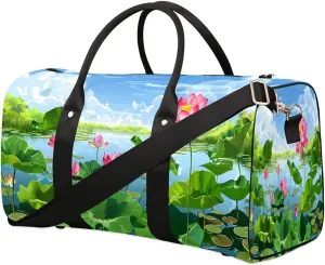 Yzrwebo Lotus Flower Travel Duffle Bag for Men Women Summer Pond Overnight Weekender Bag Foldable Travel Duffel Bag Large Sports Gym Bag Waterproof Luggage Tote Bag Tear Resistant