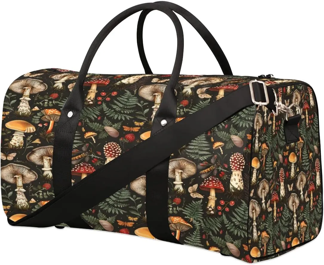 Yzrwebo Mushroom Travel Duffle Bag for Men Women Fern Leaf Overnight Weekender Bag Foldable Travel Duffel Bag Large Sports Gym Bag Waterproof Luggage Tote Bag Tear Resistant