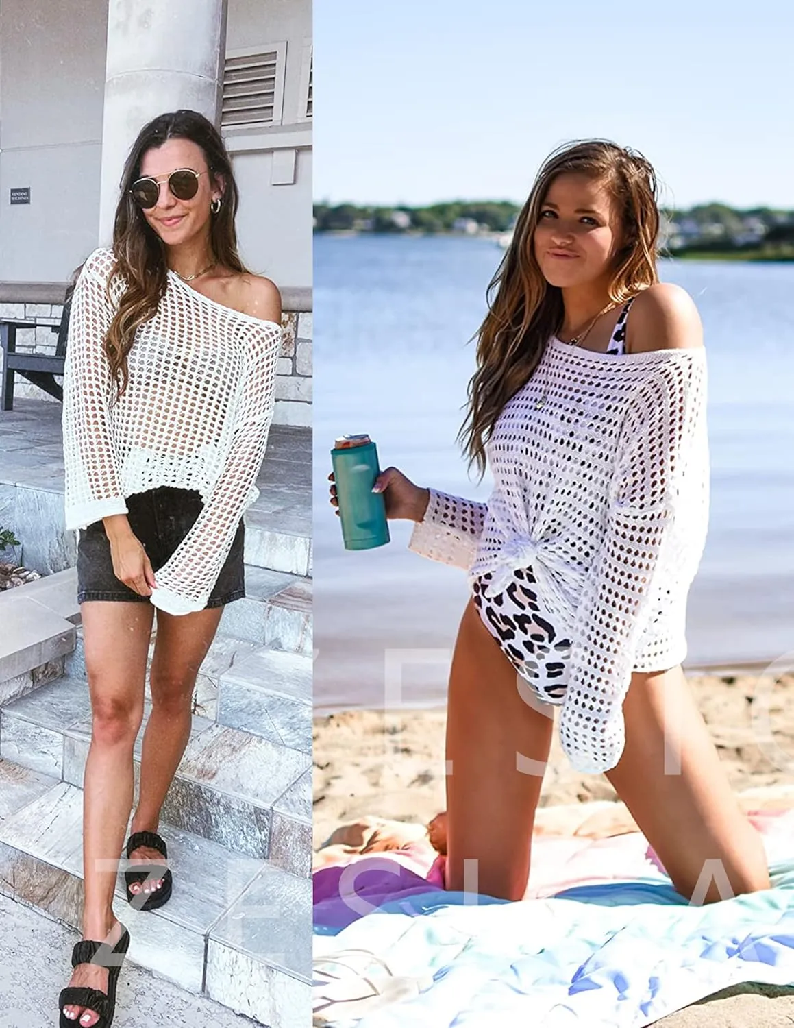ZESICA Women's 2025 Summer Crochet Hollow Out Long Sleeve Beach Bikini Swimsuit Mesh Cover Up Tunic Top