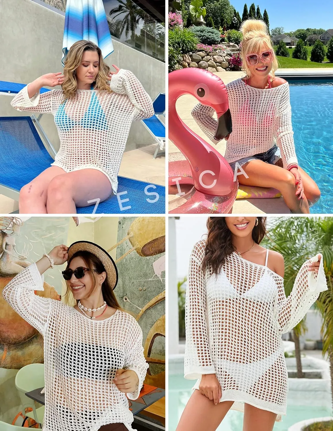 ZESICA Women's 2025 Summer Crochet Hollow Out Long Sleeve Beach Bikini Swimsuit Mesh Cover Up Tunic Top