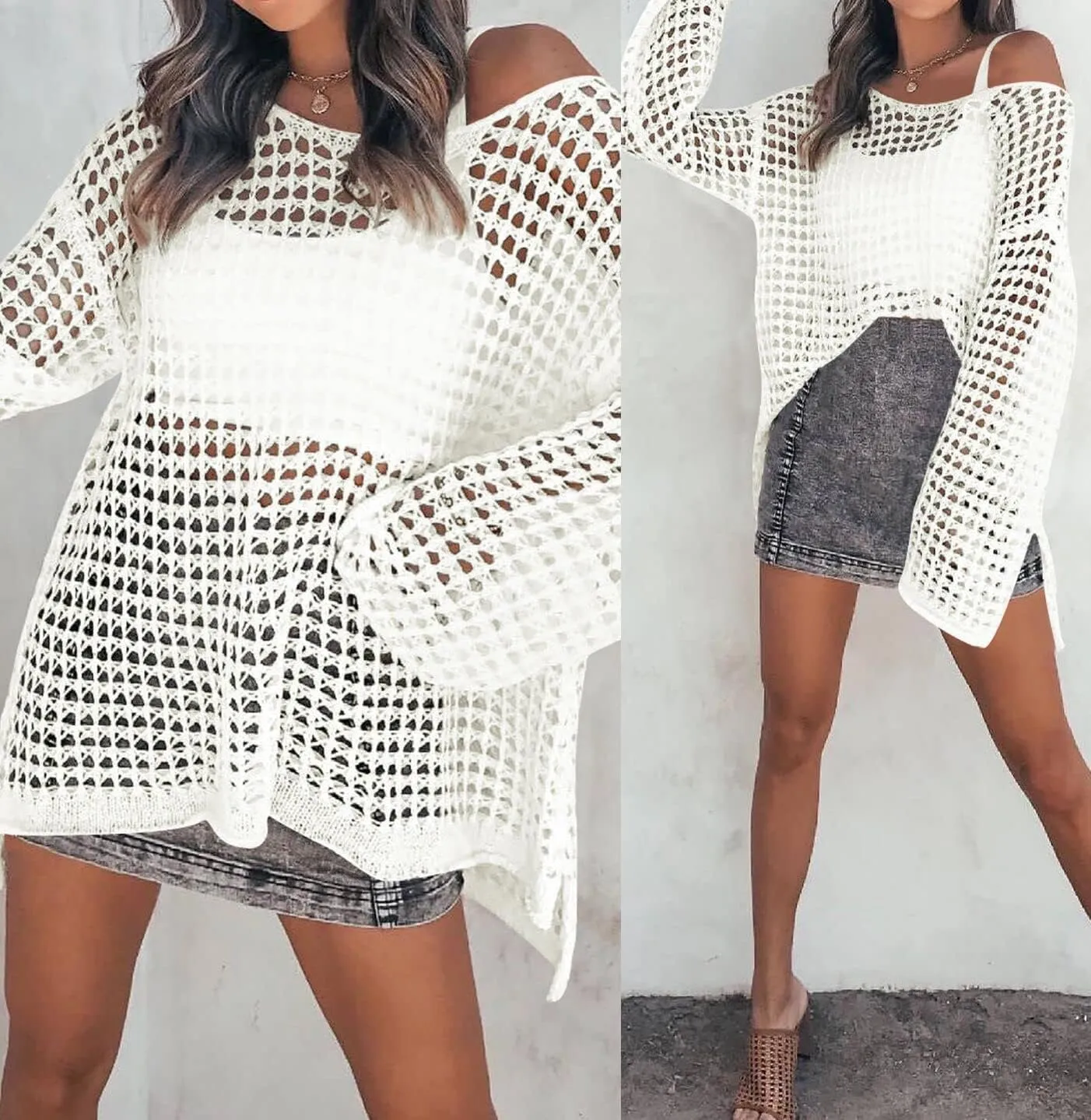 ZESICA Women's 2025 Summer Crochet Hollow Out Long Sleeve Beach Bikini Swimsuit Mesh Cover Up Tunic Top