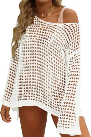 ZESICA Women's 2025 Summer Crochet Hollow Out Long Sleeve Beach Bikini Swimsuit Mesh Cover Up Tunic Top